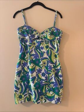 Floral Strappy Mini Dress in Blue & Green with front cut out